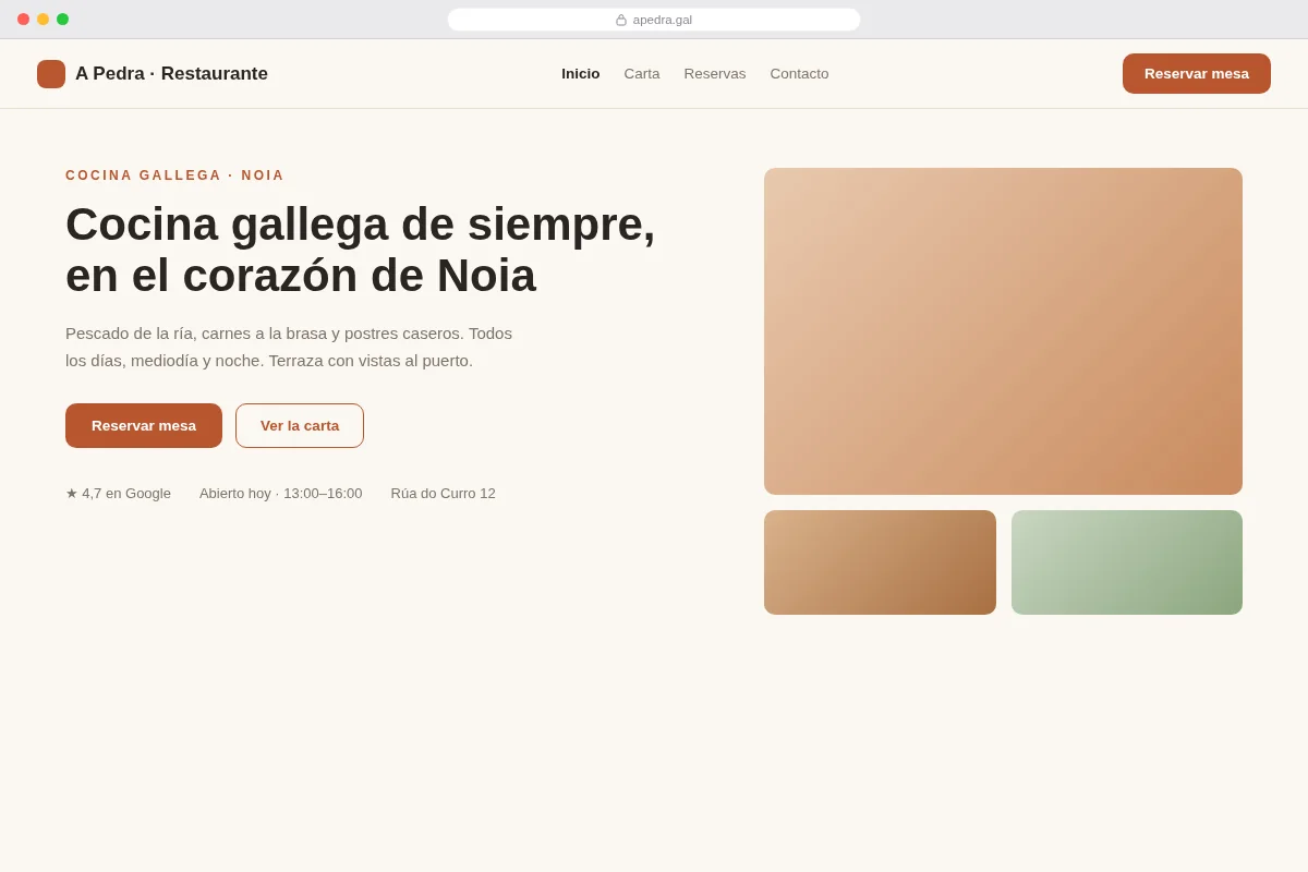 Light version — restaurant: home page with the essentials and a booking call to action.