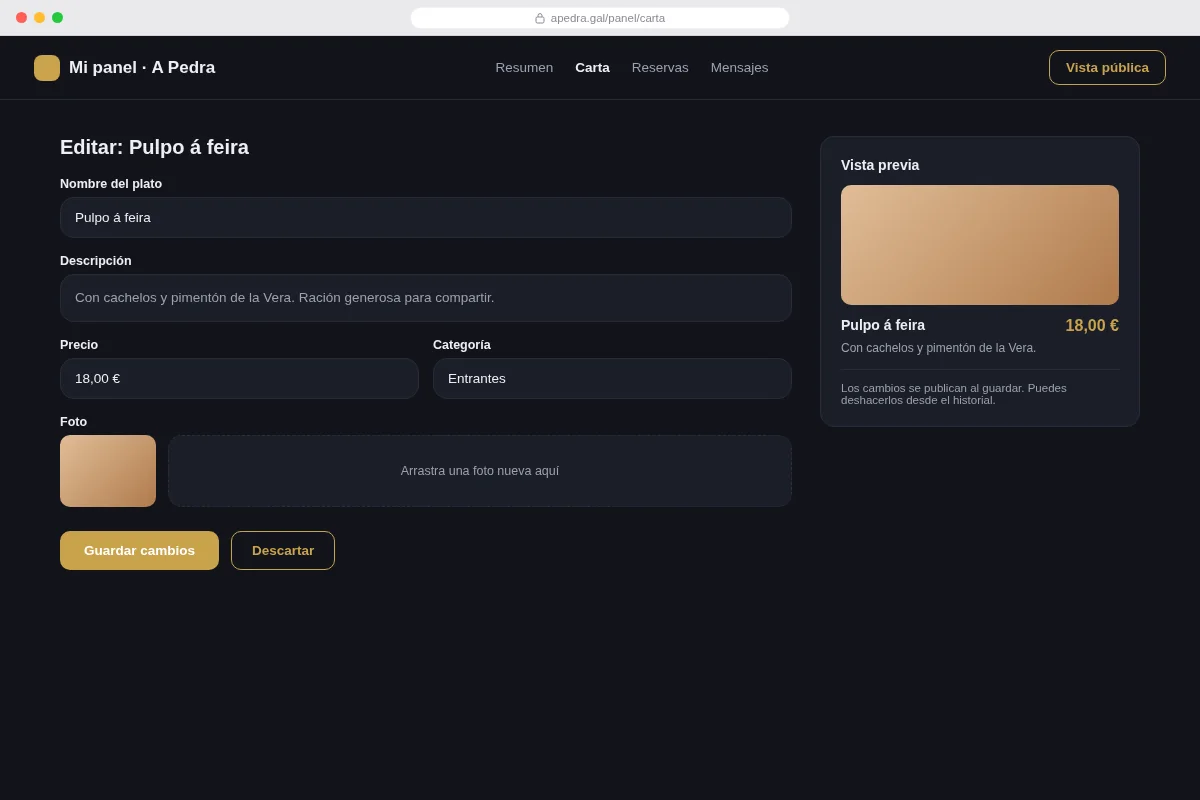 Versión oscura — edición de contenido con vista previa.